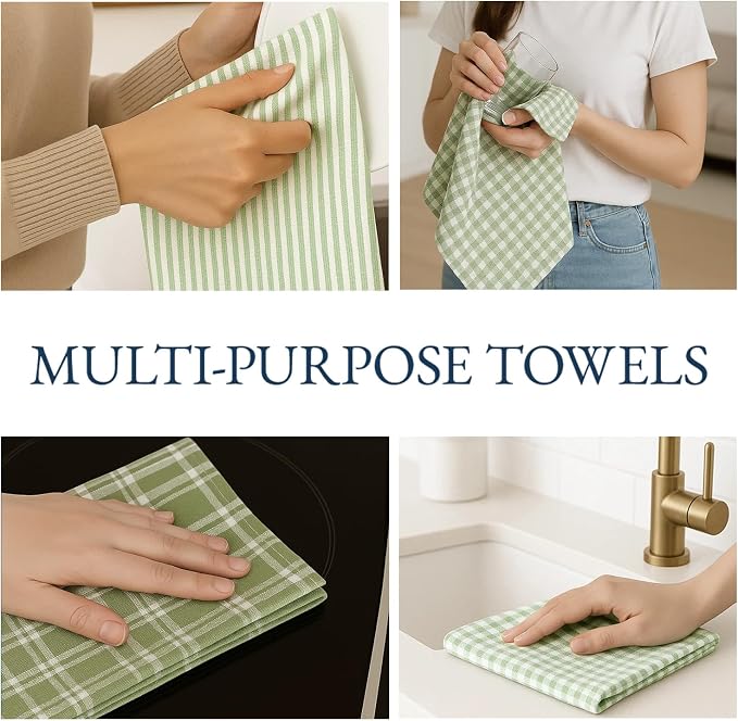 LANE LINEN Cotton Kitchen Towels Set, 4-Pack – Absorbent, Quick-Drying Dish Towels, 18" x 28" - Sage Green