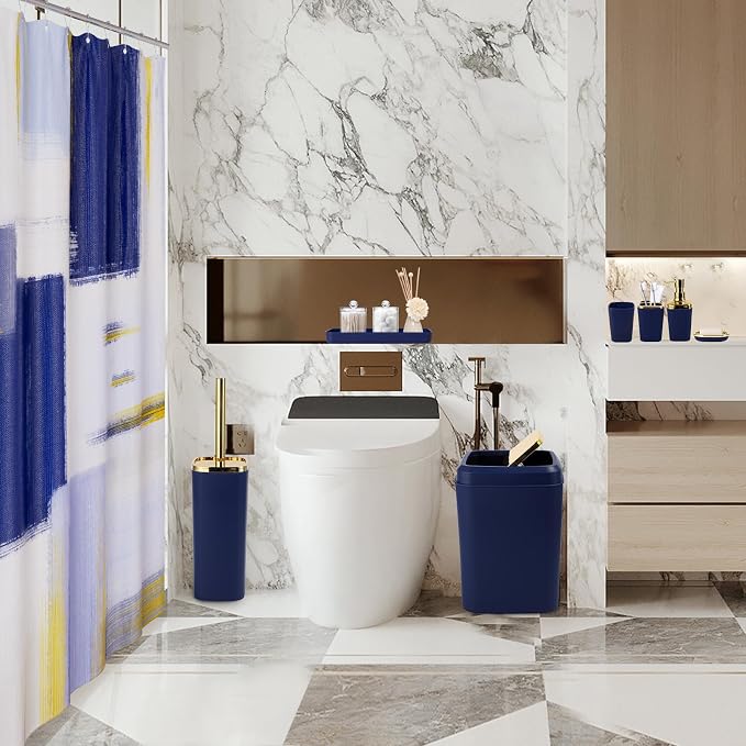 XLHOMO Blue and Gold Bathroom Accessories Set, Bathroom Sets with Shower Curtain, Blue Bathroom Accessories with Trash Can, Soap Dispenser, Soap Dish, Toilet Brush Holder, Qtip Holders for Bathroom