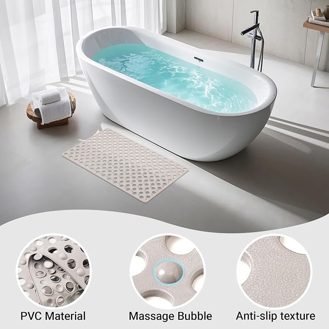 Non Slip Bathtub and Shower Mat 31x17 inch,Bath Mat with Quick Dry Drain Holes and Suction Cups, Soft Comfortable Safe Bathroom Mat for Bath Tub, Floor, Tile (Khaki)