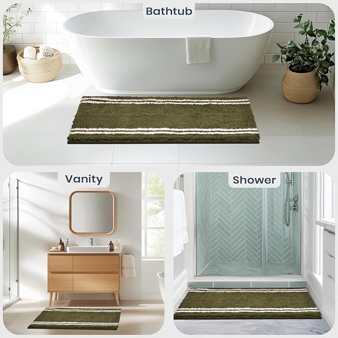PURRUGS Bathroom Rug Non-Slip Machine Washable 20" x 30", Super Absorbent and Quick Dry Shaggy Microfiber Bath Mat, Extra Soft and Plush Bath Rug for Bathtub, Shower, and Sink, Olive Green