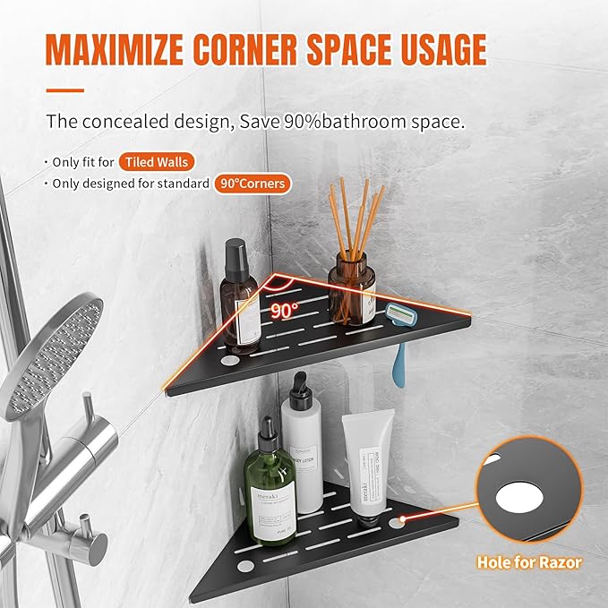 Corner Shower Shelves with Razor Hole, Modern Sturdy Shower Shelves Corner, 10" 304 Stainless Steel Shower Organizers Corner Shelf for Tile Wall, No Drilling Grout Mount Bathroom Shelf