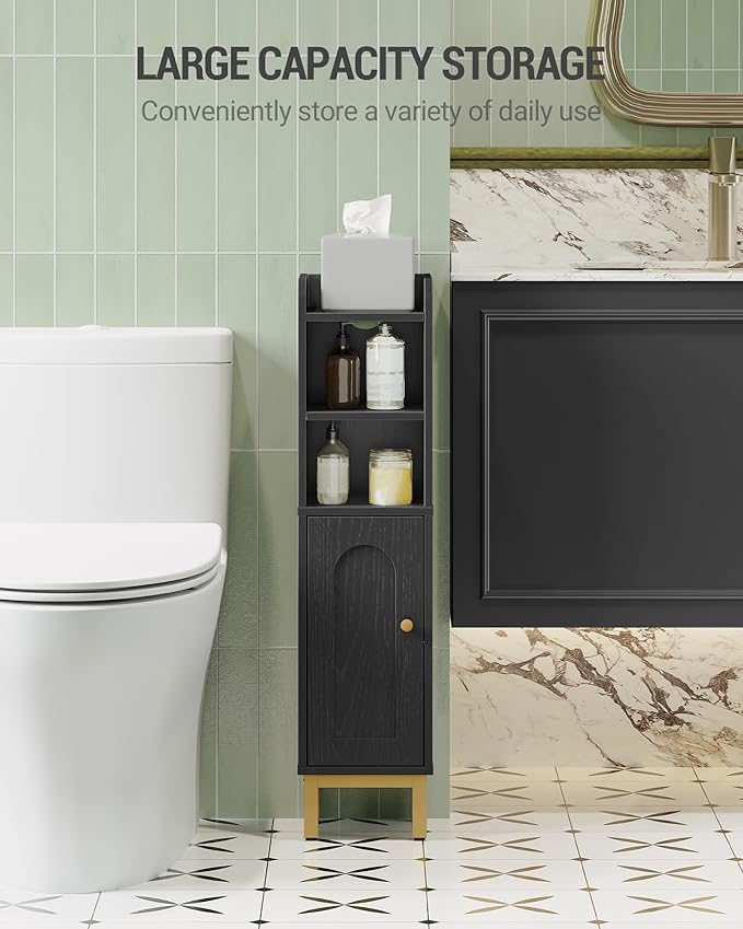 Hzuaneri Bathroom Storage Cabinet, Small Corner Floor Cabinet with Door and Shelves, Narrow Toilet Paper Holder, Bathroom Organizer with Adjustable Shelf, for Small Spaces, Black BC08206X