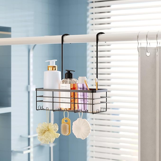 HapiRm Hanging Shower Caddy Organizer - No Drilling Shower Organizer with Hooks, Rustproof & Waterproof 304 Stainless Steel Bathroom Shelves - Black (1 Basket)