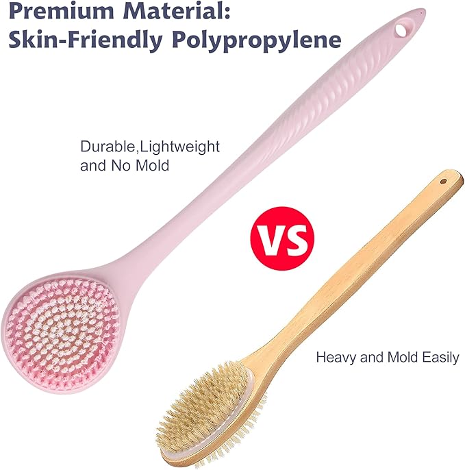 BEDELITE Back Scrubber for Shower, Soft Bath Brush Long Handle for Men & Women(16.4 Inches), Anti Slip Body Scrubber Exfoliator for Cleaning(Pink)