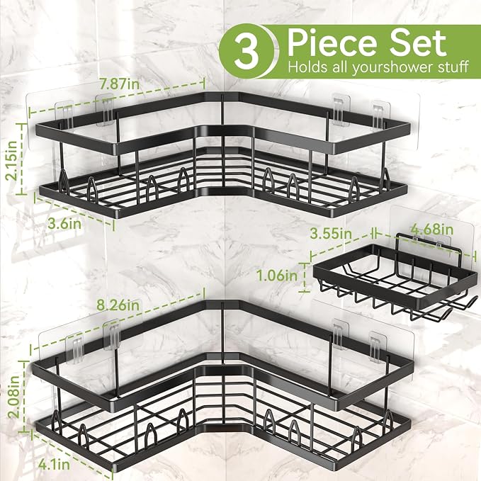 Shower Shelf Corner, Adhesive Shower Caddy Rustproof, Shower Shelves Corner with Soap Holder, No Drilling Shower Corner Organizer for Dorm, Renters Bathroom, Black, 3 Pack
