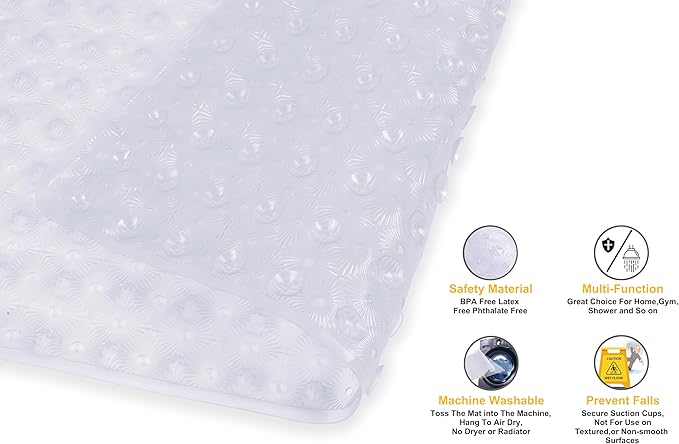 Bathtub Mat Non Slip with Suction Cups 15"x27" - Anti-Slip Shower Mat for Kids, Toddlers, and Seniors - Machine Washable Bath Tub Mat with Multiple Drainage Holes (Clear)