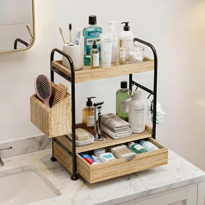 Kottwca 2-Tier Bathroom Counter Organizer with Drawer, Wooden Vanity Skincare Storage Shelf with Thickened Metal Frame, Countertop Shelf with Basket & Hooks for Makeup Organization,Light Brown