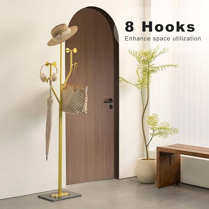 JIAYUEJU Heavy Duty Coat Rack Tree-shaped Metal Freestanding Coat Tree with Sturdy Marble Base Corner Coat Rack for Bedroom Entryway Hallway 14.96 x 10.24 x 68.9 Inches (Gold)
