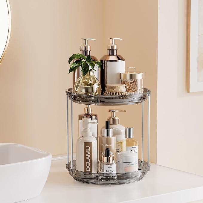 Delamu 2 Tier Rotating Makeup Organizer for Vanity, Skincare Organizer for Bathroom Counter, Spinning Perfume Organizer Cosmetic Holder with Large Capacity, Grey