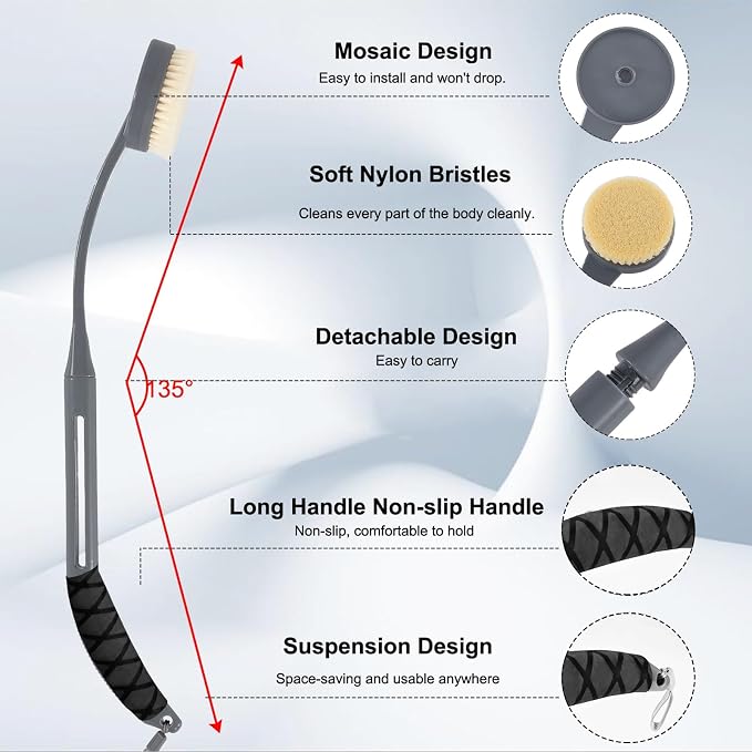 Gobiteli Back Scrubber for Shower,20.5" Long Handle Shower Brush for Body for Deep Clean,Back Brush for Shower for Men Women(Grey)