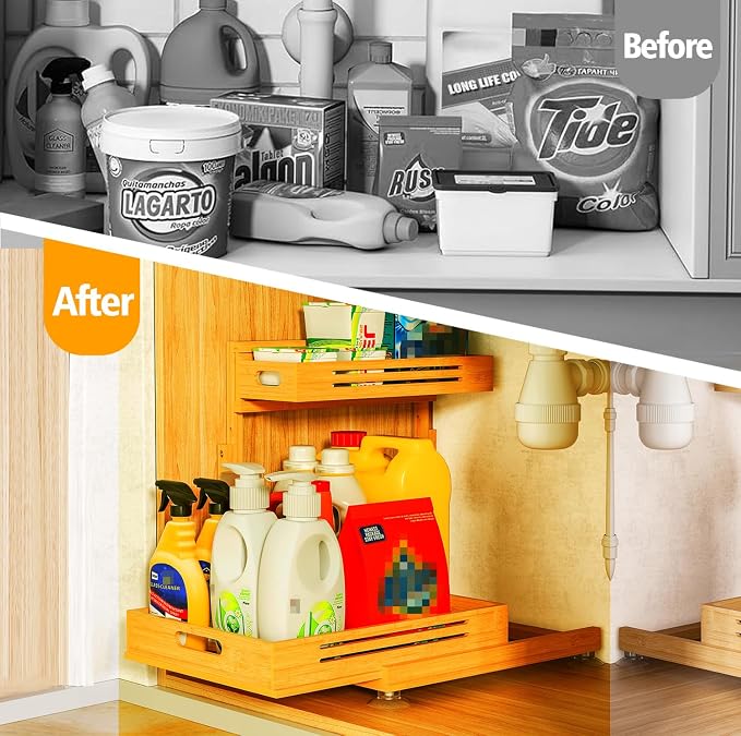 Under Sink Organizer, Premium Bamboo Wood Pull Out Cabinet Organizer, 2 Tier Slide Out Sink Shelf Cabinet Storage Shelves, Under Sink Storage for Kitchen Bathroom Cabinet