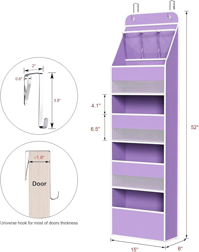 Univivi 5-Shelf Fabric Door Storage Over Door Hanging Organizer with 4 Large Pockets and 3 Small PVC Pockets Nursery Closet Cabinet Wall Mount Hanging Storage Organizers for Baby Nursery (Purple)