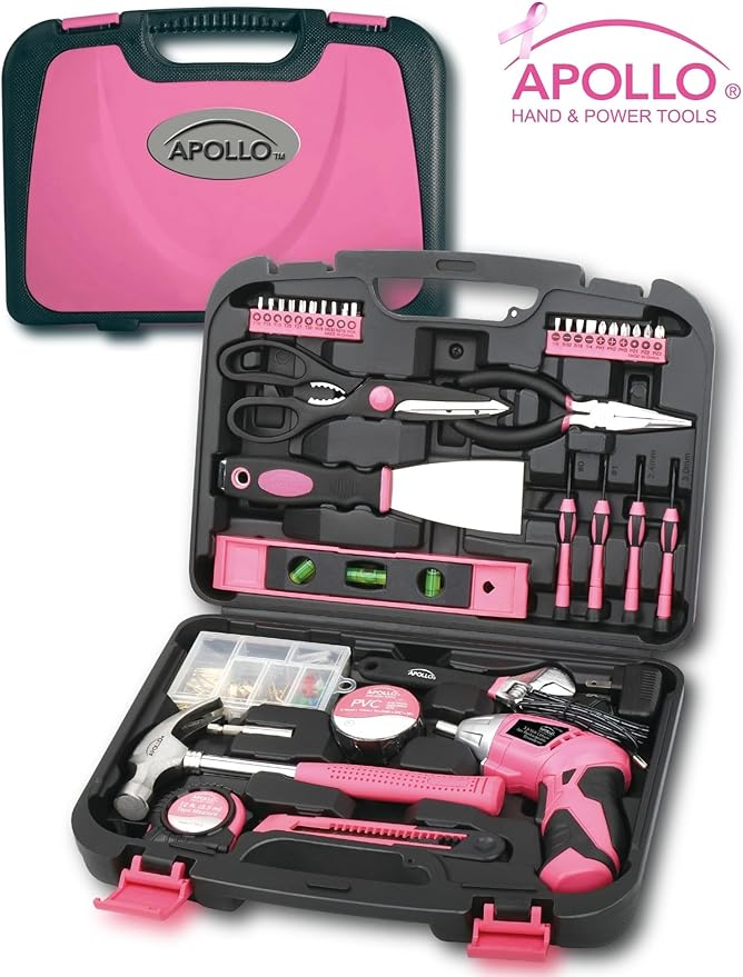 Apollo Tools 135 Piece Household Pink Hand Tools Set with Pivoting Dual-Angle 3.6 V Lithium-Ion Cordless Screwdriver - DT0773N1