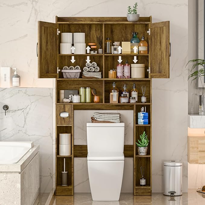 Over The Toilet Storage Cabinet, Farmhouse Toilet Cabinet Rack with Barn Doors, Space Saving Bathroom Organizer with Shelves, Toilet Paper Holder and Towel Rack for Bathroom,Restroom,Laundry, Brown