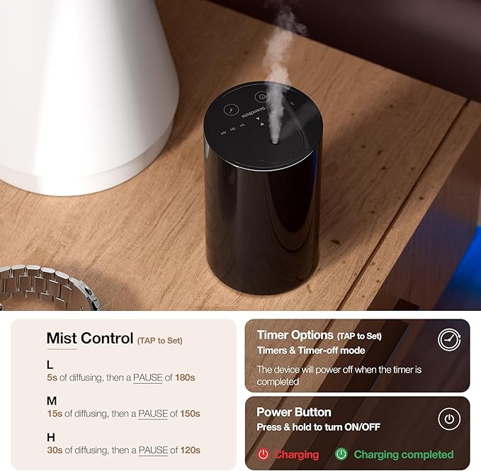 Waterless Essential Oil Diffuser, Battery Operated Aromatherapy Diffuser with 20mL Capacity, Mini Portable Scent Air Machine, 3 Countdown Timers & Mist Levels for Home Room Car Office, ANZ White