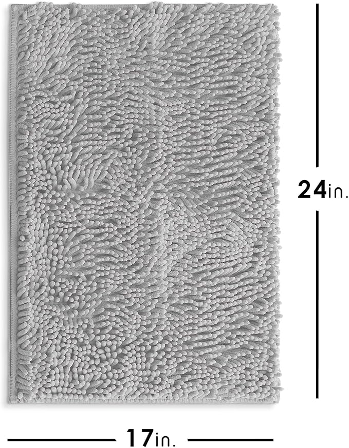 Hearth & Harbor Bathroom Rugs, Chenille Bath Mat - Machine Washable Bath Mats for Bathroom Non-Slip Backing Rubber, Quick Dry Bathroom Mat - Silver Bath Rug, 17x24