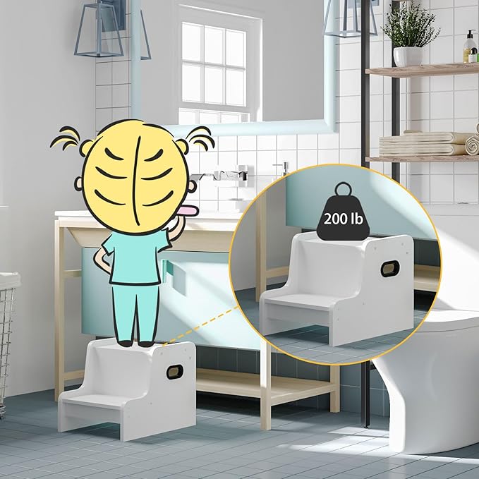HOOBRO Step Stool for Kids, Two Step Toddler's Stool, Kids Potty Training Stool with Handles, Non-Slip Pads for Safety, Easy to Move, for Sink, Bathroom, Bedroom, White WT01JD01G3
