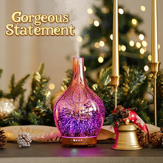 Porseme Rose Gold Essential Oil Diffuser 3D Glass Aromatherapy Ultrasonic Humidifier, Waterless Auto-Off, Timer Setting, BPA Free, Air Refresh for Home Hotel Yoga Leisure SPA Gift 150ml
