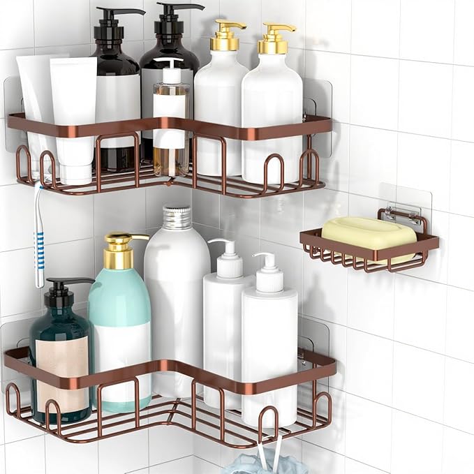 Moforoco Corner Shower Caddy Shelf Organizer Rack, Self Adhesive Black Bathroom Shelves Basket, Home Wall Shower Inside Organization and Storage Decor Rv Accessories, First Apartment Essentials(Brown)