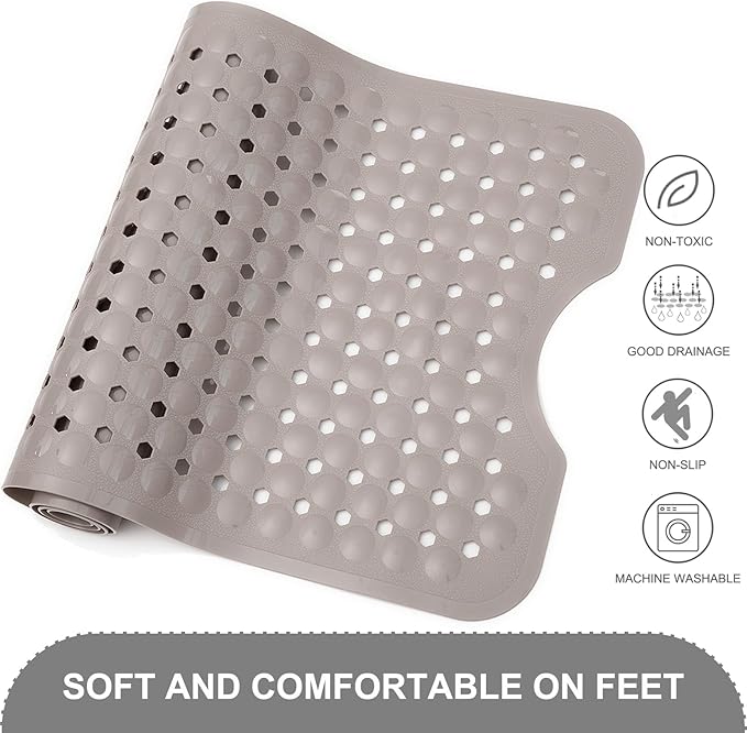 TEESHLY Bath Tub and Shower Mats, Non Slip 40 x 16 Inch Extra Long Bathtub Mat, Machine Washable Bathmat with Drain Holes, Suction Cups for Bathroom Floor, Tan
