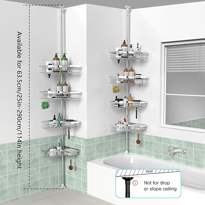 KEGII SUS304 Corner Shower Organizer, Stainless Steel Tension Pole Corner Bathroom Caddy, No Drilling Required Adjustable Shower Shelf for Inside Showers, Silver