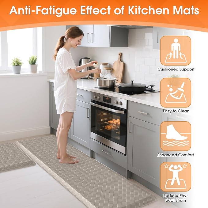 TranquilRelax 4/5 Inch Thick Anti-Fatigue Kitchen Mats 2Pcs, Cushioned Non-Slip Waterproof Sink & Stove Floor Mats, Comfortable Standing Rug Set for Kitchen, Laundry & Entryway, Brown