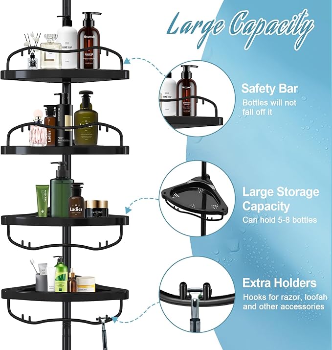 Corner Shower Caddy Tension Pole, Rustproof Bathtub Storage Organizer with 4 Adjustable Shelves, Bathroom Shower Rack Shampoo Holders for Inside Shower, 40"-120" Floor to Ceiling Shower Caddy Black