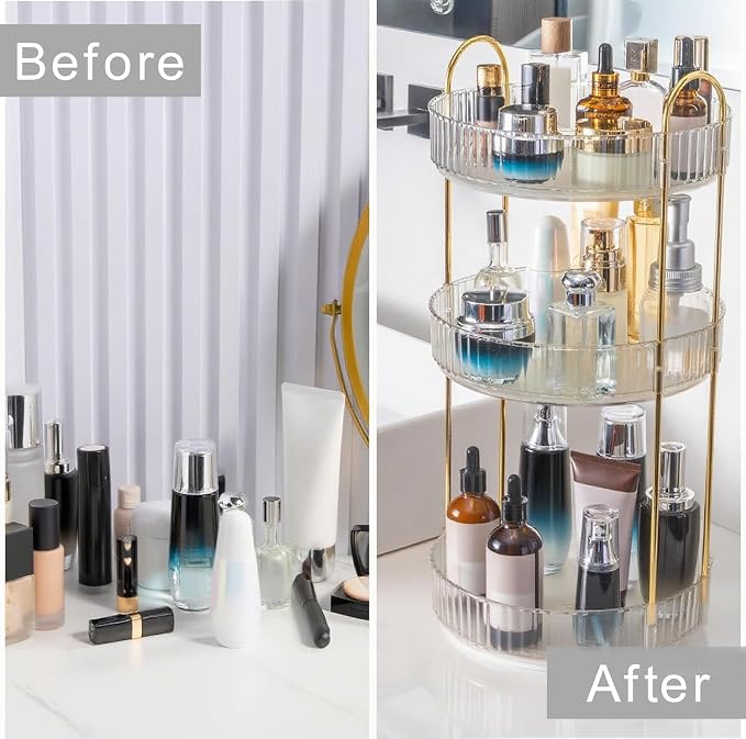 INVSSENE 360° Rotating Makeup Organizer, Bathroom Make Up Spinning Holder Rack, Large Capacity Cosmetics Storage Vanity Shelf Countertop, Fits Cosmetics, Perfume, Skincare, Lipsticks(1 Tier, Clear)
