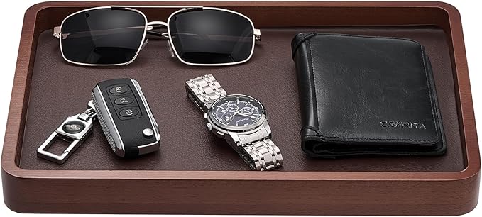 ProCase Wooden Valet Tray for Men, Wood Catch-All EDC Organizer, Fathers Day Gift, Nightstand Entryway Bedside Dump Holder for Wallets, Keys, Watches, Phones, Loose Change, Trinkets -DarkBrown