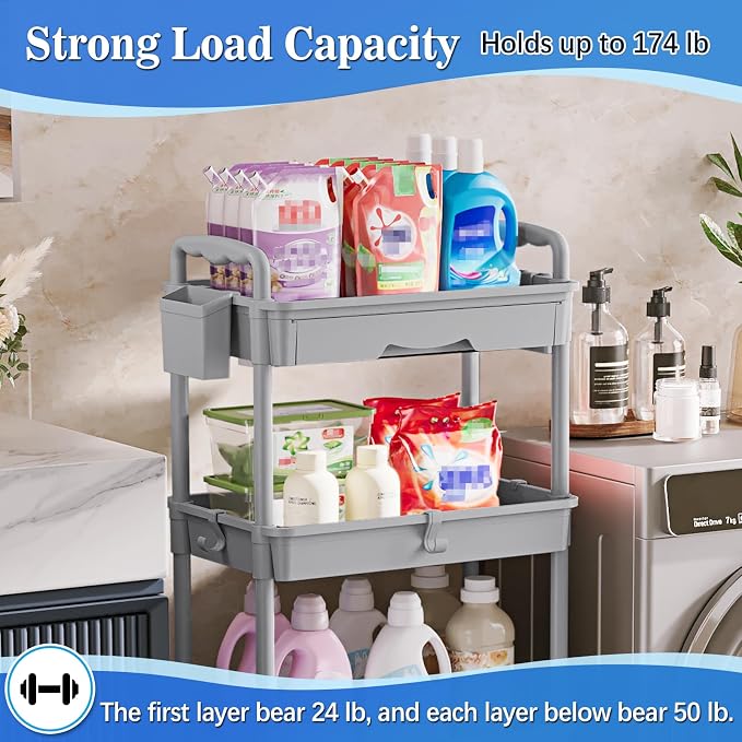 SUNALLY 4 Tier Rolling Utility Cart with Drawer, Storage Organizer Cart with 2 Lockable Wheels, Multifunctional Rolling Storage Cart for Bathroom, Kitchen, Craft, Makeup, Baby Essentials, Gray