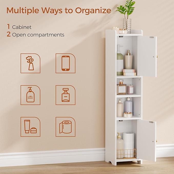 ANWBROAD Slim Bathroom Storage Cabinet Corner Narrow Cabinet with 2 Doors and Adjustable Shelf Freestanding Small Bathroom Organizers and Storage for Small Spaces, Kitchen, Living Room White USBC011W