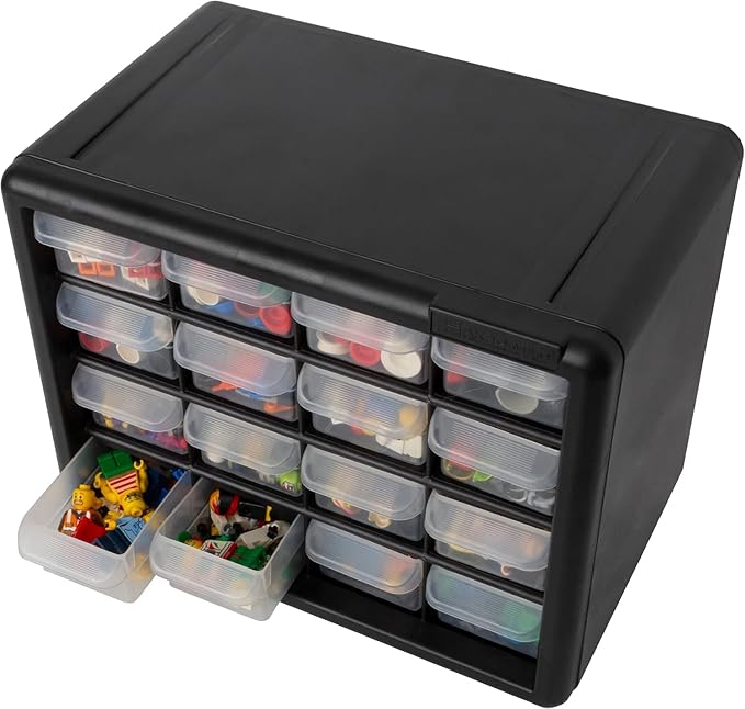 Akro-Mils 16-Drawer Plastic Drawer Storage Cabinet for Garage Organization, Beads, Makeup Organizer, Building Bricks Storage, Teacher Toolbox, 10-1/2" W x 6-1/2" D x 8-1/2" H, 10116 Black