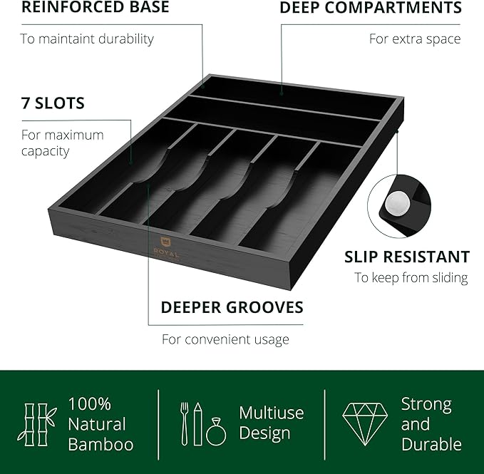 Luxury Bamboo Kitchen Drawer Organizer - Silverware Organizer - Utensil Holder and Cutlery Tray with Grooved Drawer Dividers for Flatware and Kitchen Utensils (7 Slot, Black)