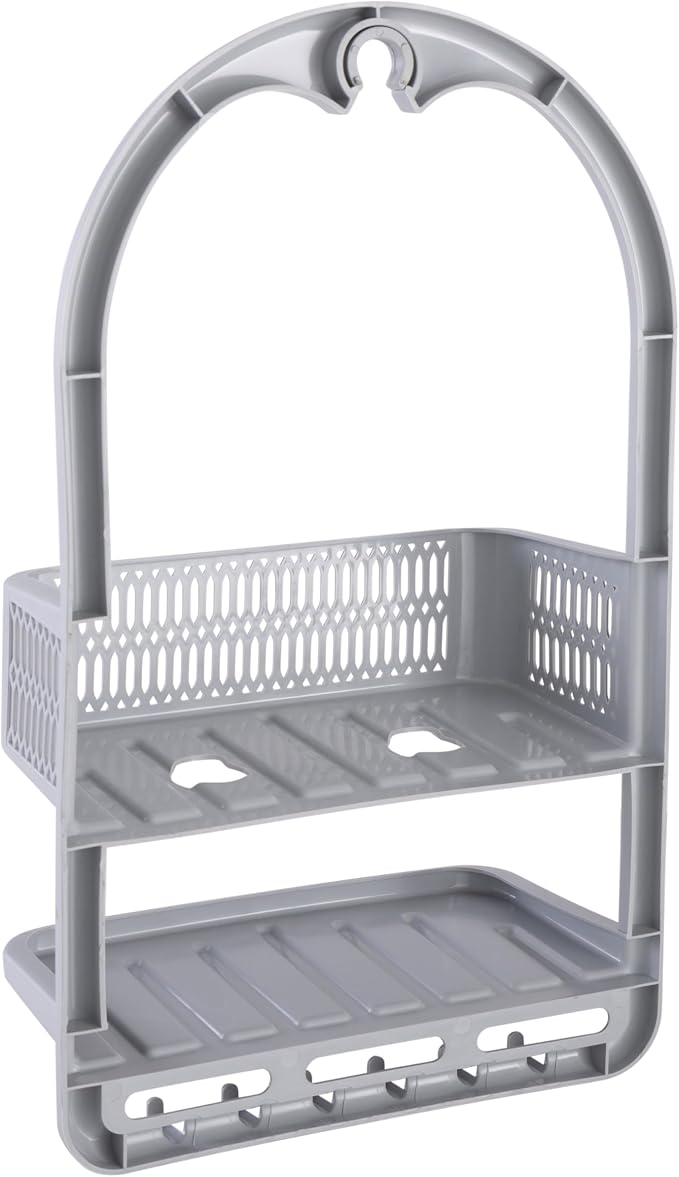 Bath Bliss Molded Shower Caddy | Bathroom Storage | Hangs Over Shower Head | 6 Accessory Hooks | Holds Razors | Washcloths | Accessories | Suction Cup Stability | Grey