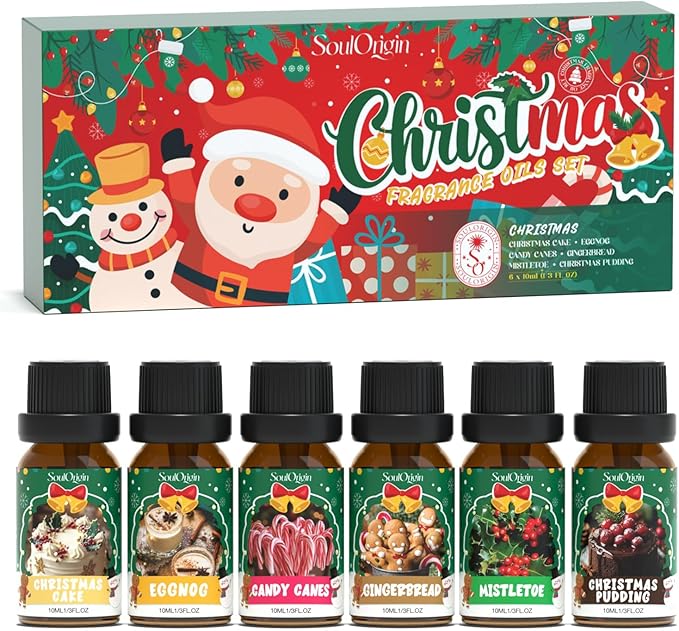 Soulorigin Christmas Essential Oils Set, Fragrance Oil Set for Diffuser, Scent Diffuser Oil for Candle Making-Christmas Cake, Eggnog, Candy Canes, Gingerbread, Mistletoe, Christmas Pudding