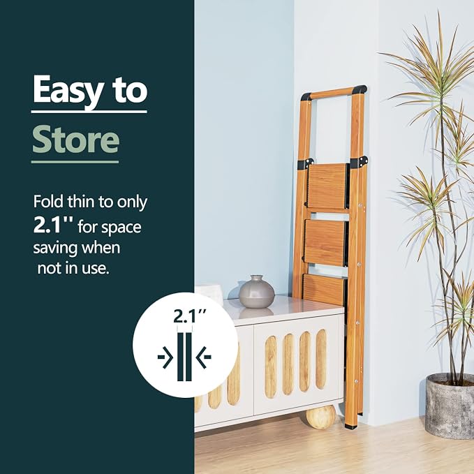 WOA WOA 4 Step Ladder, Ladders for Home, Anti-Slip Pedals, Aluminum Step Stool Foldable, Lightweight to Move, Ease of Storage, Reach 9ft for Closet Kitchen Library, Hold 300lbs - Wood Grain