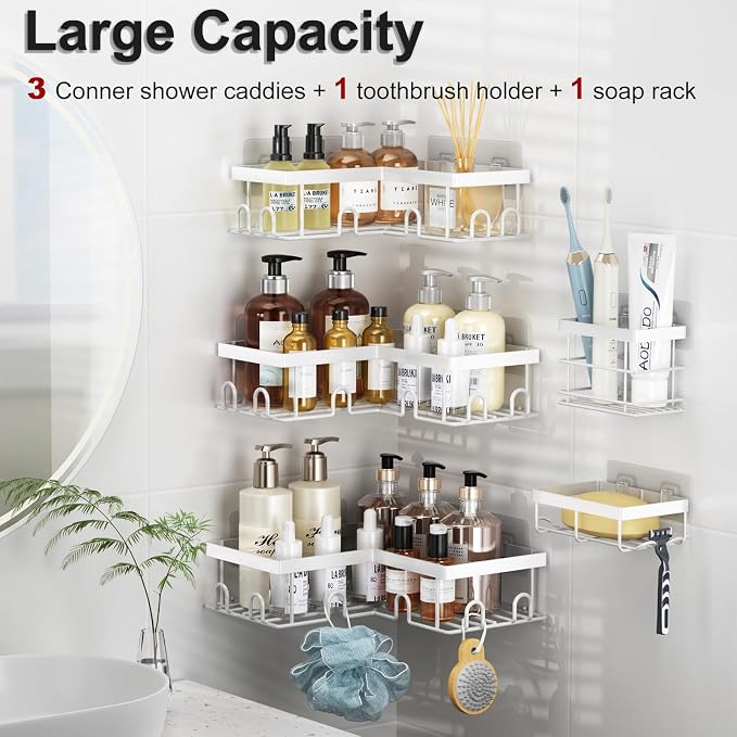 Liuoud Corner Shower Caddy 5 Pack, Rustproof Stainless Steel Shower Organizer with Soap Rack Toothbrush Holder, Large Capacity Adhesive No Drilling Bathroom Kitchen&Home Decor Set, White