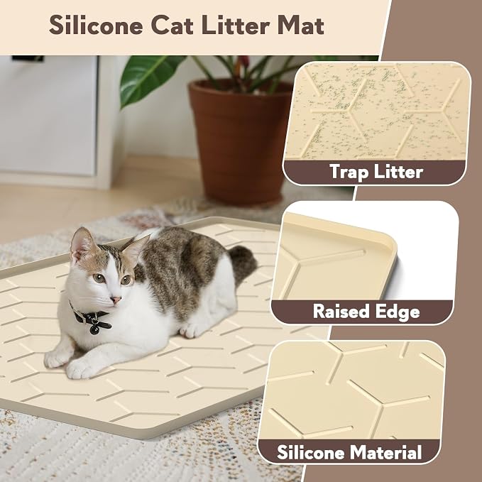 Garoopion Silicone Cat Litter Trapping Mat, Large Waterproof 34" X 22" Cat Litter Box Mat, Easy to Clean, Beige
