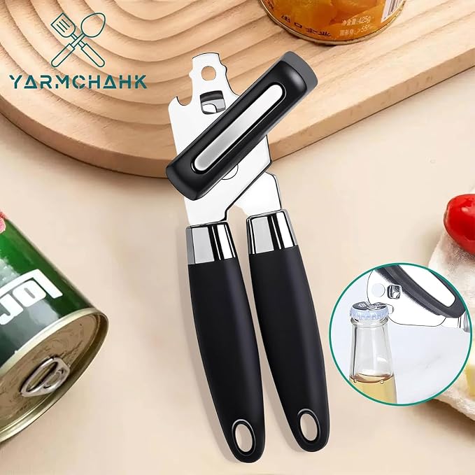Multifunctional Stainless Steel Manual Can Opener and Bottle Opener, Heavy Duty Hand Held Can Opener with Easy Turn Knob, Sharp Blade Smooth Edge, Good Grips Kitchen Tool for Seniors (Black)