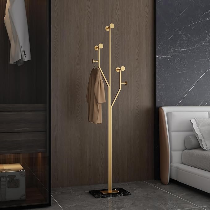 JIAYUEJU Heavy Duty Coat Rack Tree-shaped Metal Freestanding Coat Tree with Sturdy Marble Base Corner Coat Rack for Bedroom Entryway Hallway 14.96 x 10.24 x 68.9 Inches (Gold)