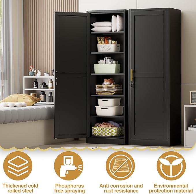 Tall Narrow Slim Metal Storage Cabinet with Lock and 5 Adjustable Shelves,Steel File Cabinets,Kitchen Pantry Cabinet Locker Organizer - 67" Storage Cabinets for Bathroom,Bedroom,Office,Black