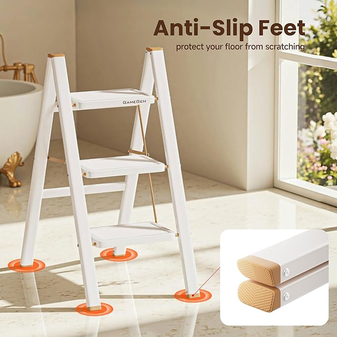 3 Step Ladder, Foldable Step Stool with Anti-Slip Pedal, Portable Iron Stepladder for Home and Kitchen, Easy to Store-Cream Chocalate(300LBS)
