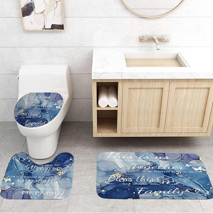 4Pcs Family Marble Shower Curtain Set,Blue Home Inspirational Bathroom Sets with Shower Curtain and Rugs, Bathroom Decor Set,Waterproof Bathroom Curtains Shower Set,with 12 Pcs Hooks