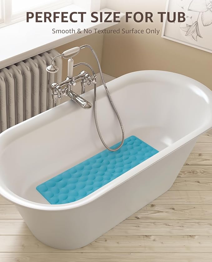Bligli Non Slip Bathtub Mat, 16x31.5 Inch Standard Non-Slip Bathmats with Strong Suction Cups, Soft Rubber Anti-Slip Bathroom Floor Mat, Machine Washable, Comfort on Feet, 100% BPA Free (Blue)