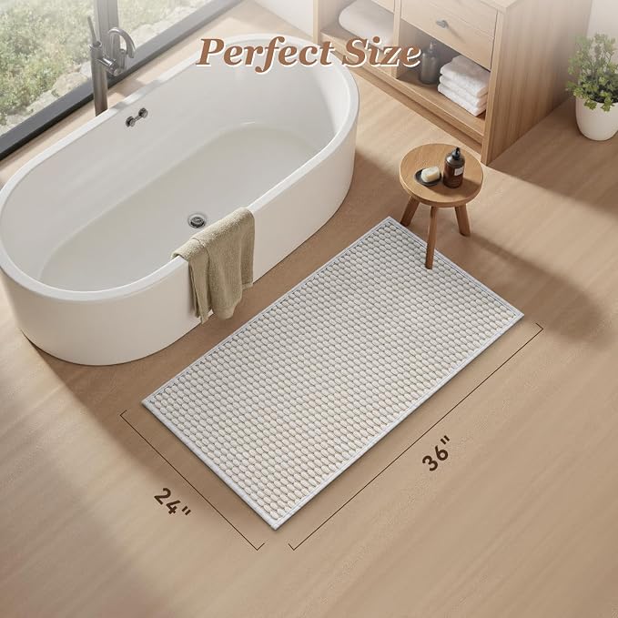 AMOAMI Unique Woven Bath Mat, Super Absorbent Non Slip Bath Mats for Bathroom Floor Textured Bathroom Mat Quick Dry Washable Boho Thin Bathroom Rugs for Beside Tub, 24" x 36", White