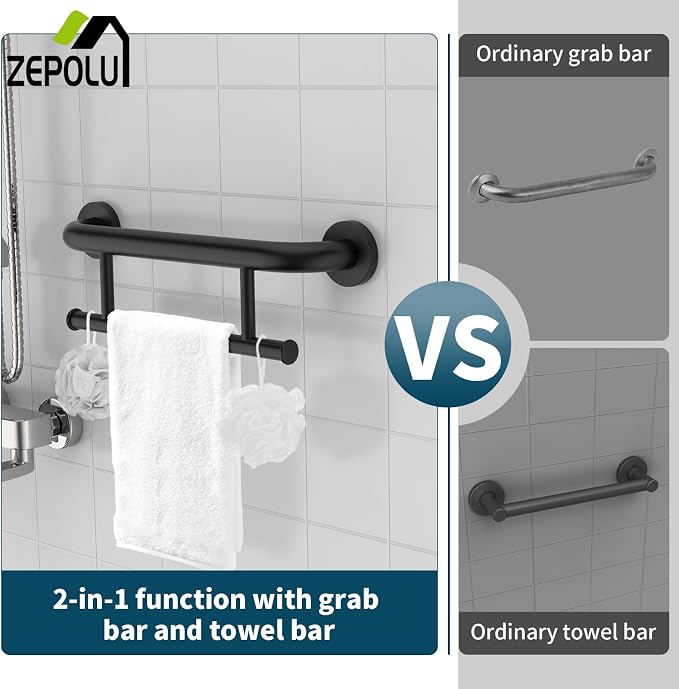 Black Towel Grab Bar 17 Inch, Zepolu Handicap Towel Bar for Bathroom, Stainless Steel Safety Assist Bar Balanced Support Handle, Wall Mounted Towel Rack Grab Bars for Senior Elderly Disabled