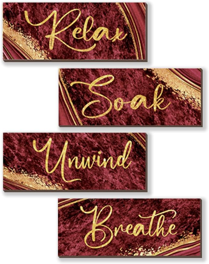ONIZHITY 4 Pcs Red and Gold Bathroom Decor Red Gold Wall Decor Relax Soak Unwind Breathe Wooden Rustic Red Marble Style Bathroom Accessories for Bedroom Living Room Office Decor (10X4)