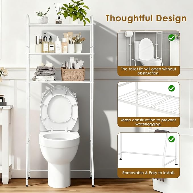 3-Tier Over The Toilet Storage Rack - Freestanding Bathroom Shelf Organizer with Toilet Paper Holder & 3 Hooks, Space-Saving Sturdy Rust-Resistant Design, 62" H White