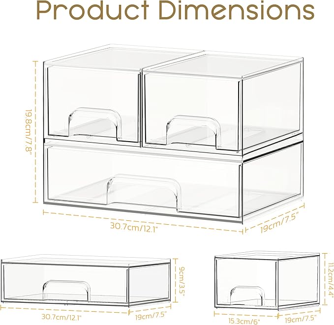 Criusia Stackable Storage Drawers, 3 Pack Clear Acrylic Makeup & Bathroom Organizer, Versatile Storage Bins for Vanity, Under Sink, Kitchen Cabinets & Pantry