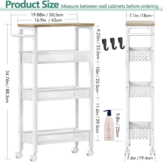 Vivihomety Utility Slim Storage Cart, 4 Tier Small Rolling Kitchen Laundry Room Cart with Wood Top, Metal Bathroom Storage Cabinet Mobile Shelf Unit Organizer Trolley with Handle for Narrow Space